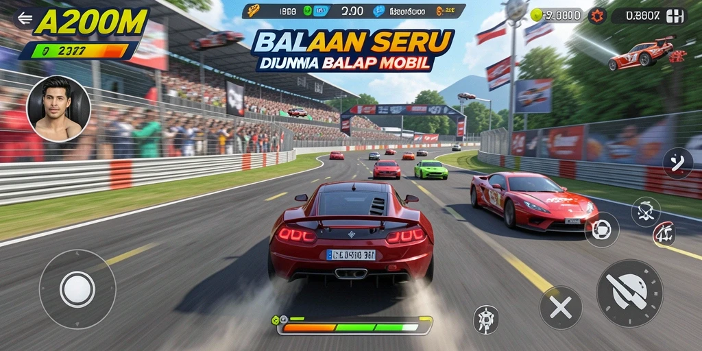 Tangkapan layar A200M menampilkan aksi balapan mobil yang cepat dan mendebarkan.