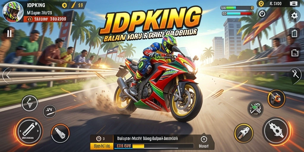 Screenshot utama IDPKING menampilkan aksi balapan motor yang mendebarkan.