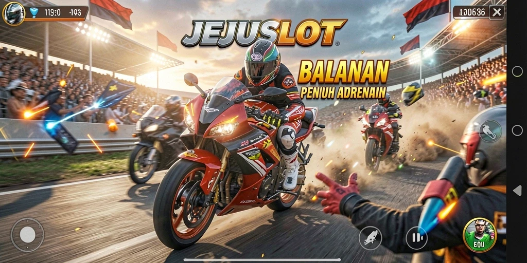 Tampilan balapan sengit di JEJUSLOT dengan motor berkecepatan tinggi.