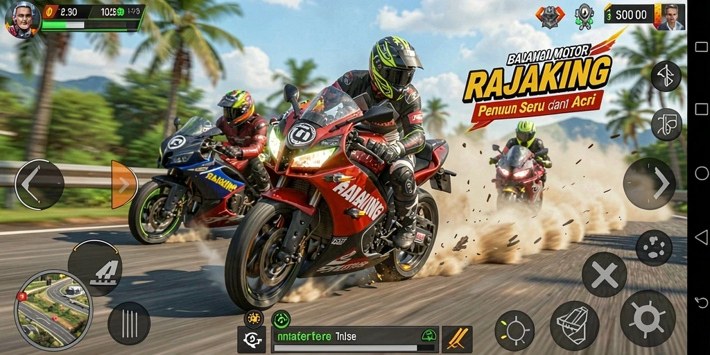 Screenshot gameplay RAJAKING menampilkan aksi balapan motor yang mendebarkan.
