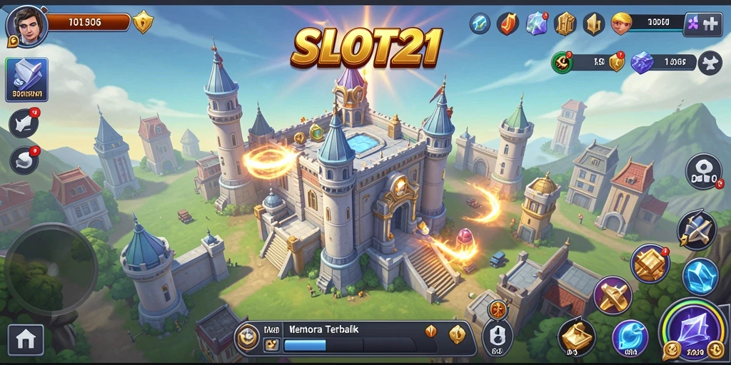 Tampilan gameplay SLOT21 yang menarik dengan menara pertahanan yang beragam.